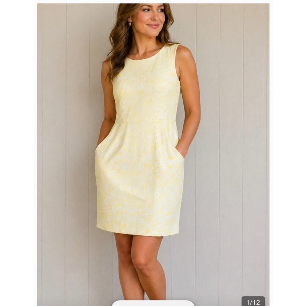 Lands' End Yellow Patterned Sheath Dress Ponte Knit Pockets Stretch Sz 16